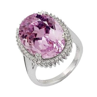 12.40 Ct Oval Pink Kunzite With Diamond Ring White Gold 14K - Gemstone Ring-harrychadent.ca