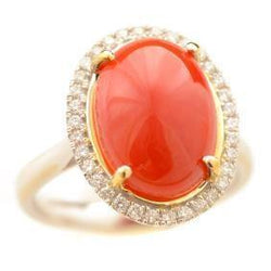12.50 Carats Red Coral With Natural Earth Mined Diamonds Wedding Ring Gold Yellow 14K
