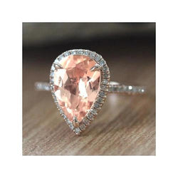 12.50 Ct Pear Morganite With Natural Earth Mined Diamonds Wedding Ring 14K White Gold