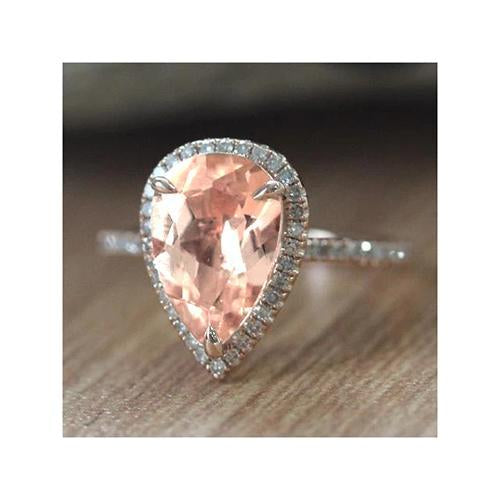 12.50 Ct Pear Morganite With Diamonds Wedding Ring 14K White Gold - Gemstone Ring-harrychadent.ca