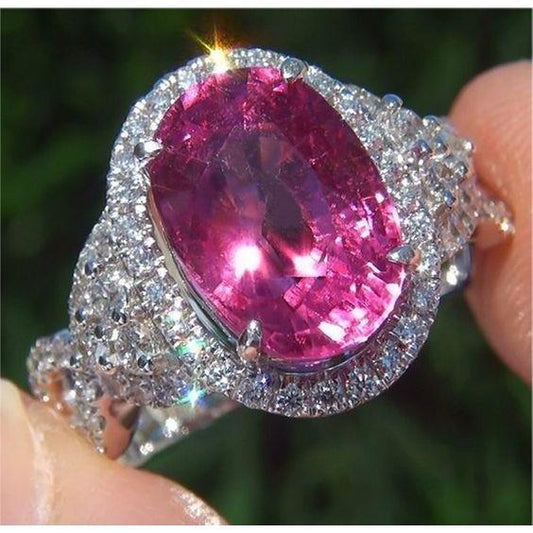 13.25 Ct Pink Tourmaline And Diamonds Wedding Ring Gold White 14K - Gemstone Ring-harrychadent.ca