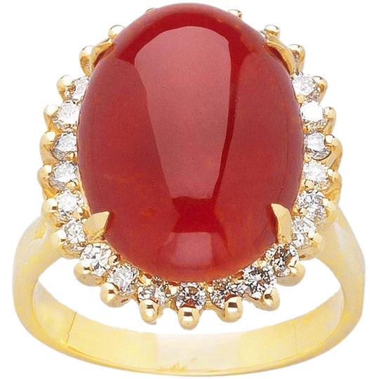 13.25 Ct Solitaire With Accent Red Coral With Diamonds Yellow Gold - Gemstone Ring-harrychadent.ca