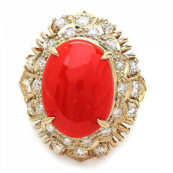13.50 Ct Oval Red Coral With Round Natural Earth Mined Diamonds Ring Yellow Gold 14K
