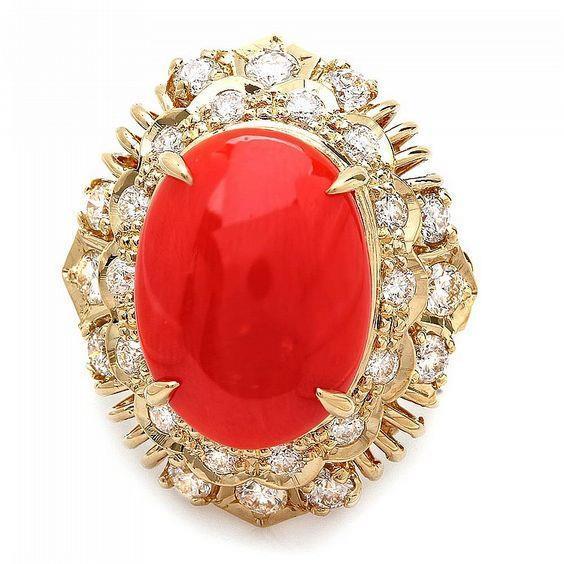 13.50 Ct Oval Red Coral With Round Diamonds Ring Yellow Gold 14K - Gemstone Ring-harrychadent.ca