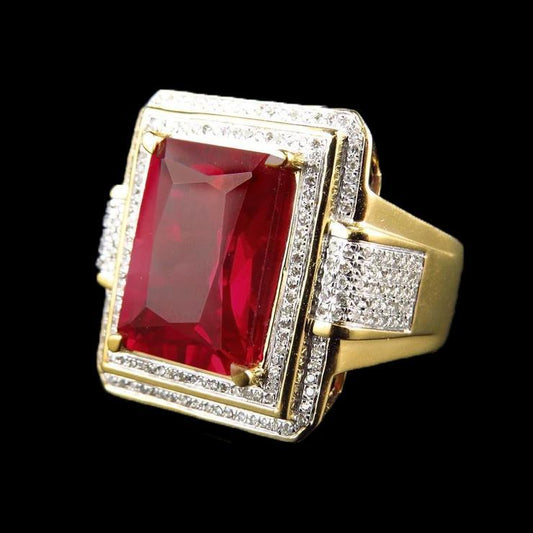 13 Ct Big Emerald Cut Red Ruby With Diamond Ring Yellow Gold 14K - Gemstone Ring-harrychadent.ca