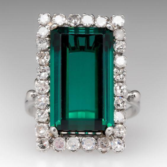 13 Ct Green Tourmaline And Diamond Ring 14K White Gold - Gemstone Ring-harrychadent.ca