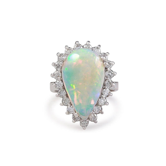 14.25 Ct Ladies Pear Opal And Round Diamonds Ring White Gold 14K - Gemstone Ring-harrychadent.ca