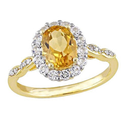 14.75 Carats Oval Cut Citrine And Natural Earth Mined Diamonds Wedding Ring Yellow Gold