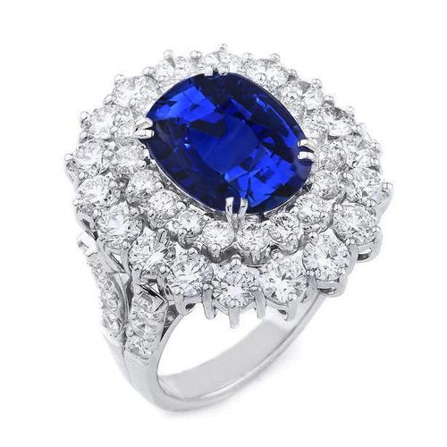 14K White Gold 10 Ct. Cushion Sapphire And Round Diamonds Ring - Gemstone Ring-harrychadent.ca