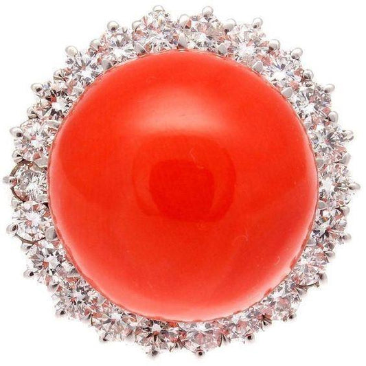 15.25 Ct Big Red Coral And Diamonds Engagement Ring White Gold 14K - Gemstone Ring-harrychadent.ca
