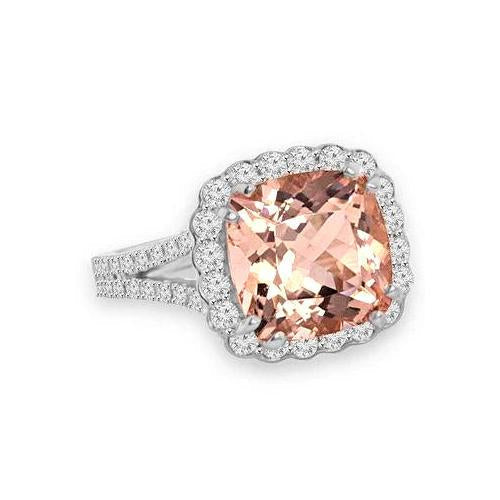 15.25 Ct Cushion Morganite With Round Diamonds Ring 14K White Gold - Gemstone Ring-harrychadent.ca