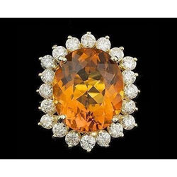 15.50 Ct Oval Cut Citrine And Natural Earth Mined Diamond Wedding Ring Yellow Gold 14K