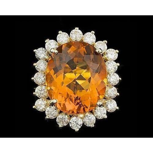 15.50 Ct Oval Cut Citrine And Diamond Wedding Ring Yellow Gold 14K - Gemstone Ring-harrychadent.ca