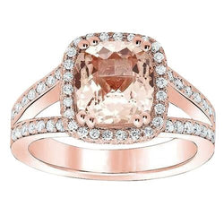15 Ct Cushion Morganite And Round Natural Earth Mined Diamonds Ring Rose Gold 14K