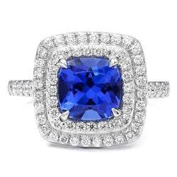 15 Ct Halo Cushion Tanzanite And Natural Earth Mined Diamonds Ring White Gold 14K