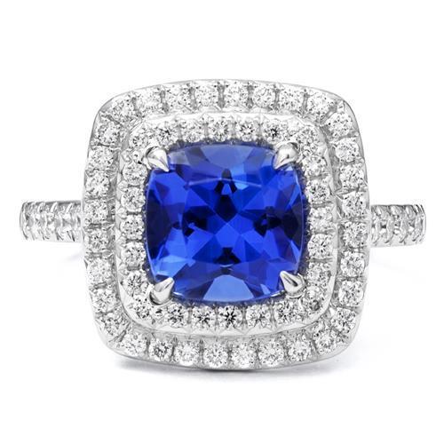 15 Ct Halo Cushion Tanzanite And Diamonds Ring White Gold 14K - Gemstone Ring-harrychadent.ca