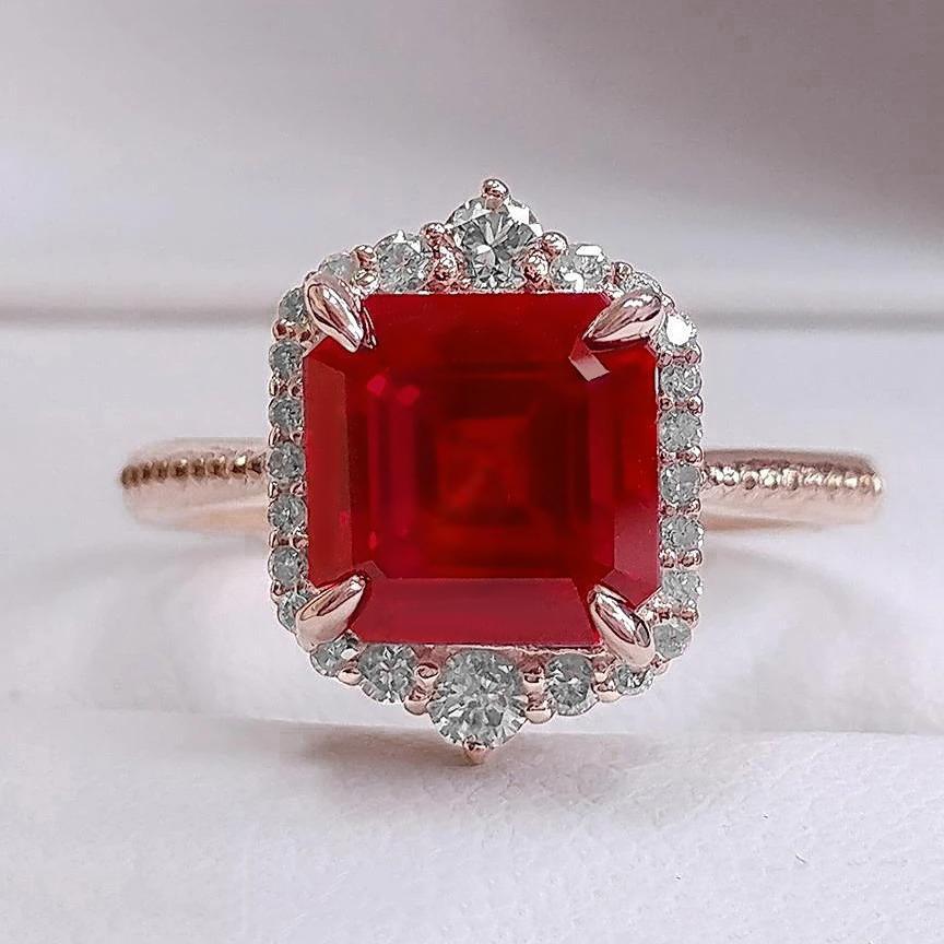 17 Carats Big Asscher Shaped Red Ruby And Diamond Ring Gold 14K - Gemstone Ring-harrychadent.ca