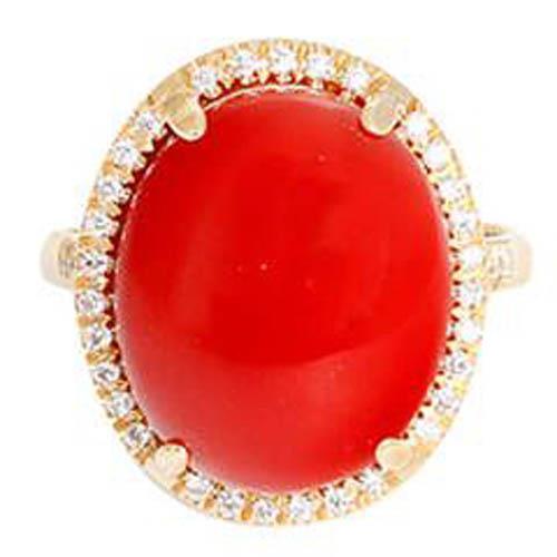 17 Ct Big Red Coral And Small Diamonds Wedding Ring Gold 14K - Gemstone Ring-harrychadent.ca