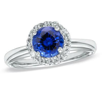 2.10 Carat Round Ceylon Blue Sapphire And Diamond Ring White Gold 14K - Gemstone Ring-harrychadent.ca