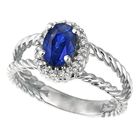2.15 Carats Round Diamond And Oval Sapphire Ring White Gold 14K - Gemstone Ring-harrychadent.ca