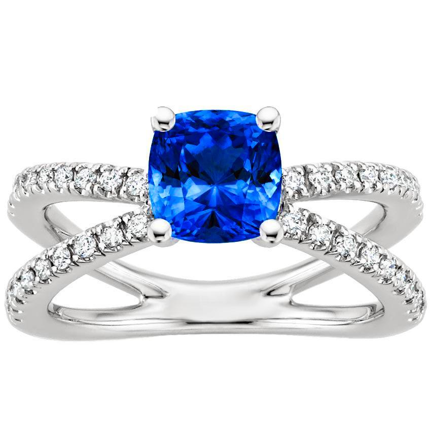 2.50 Carats Ceylon Sapphire With Diamonds Ring White Gold 14K - Gemstone Ring-harrychadent.ca