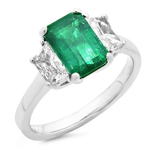 2.50 Carats Green Emerald And Diamond 3 Stone Ring White Gold 18K - Gemstone Ring-harrychadent.ca