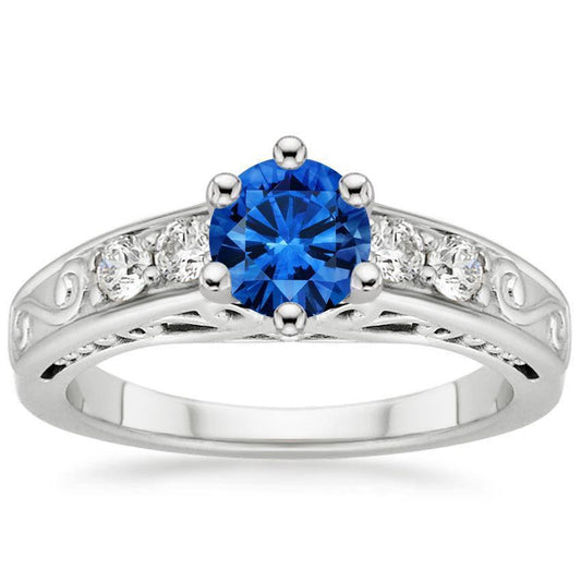 2.60 Carats Round Ceylon Sapphire Diamonds Ring 14K White Gold - Gemstone Ring-harrychadent.ca