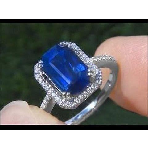 2.70 Carats Blue Emerald Cut Sapphire With Diamond Ring 14K White Gold - Gemstone Ring-harrychadent.ca