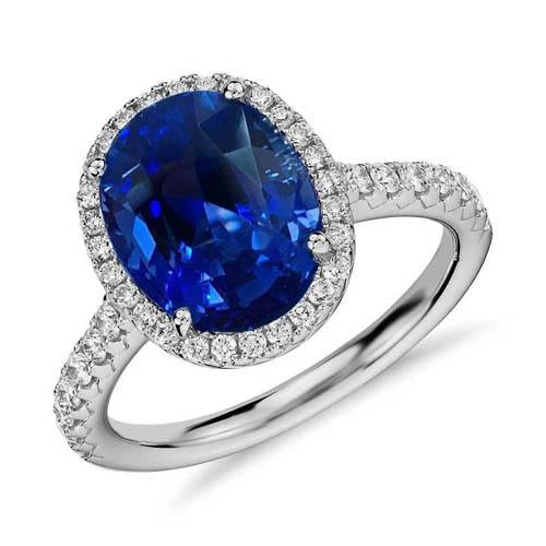 2.90 Carats Oval Blue Sapphire & Round Engagement Diamond Ring WG 14K - Gemstone Ring-harrychadent.ca