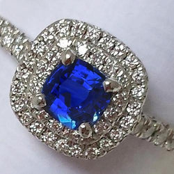 2 Ct Blue Cushion Sapphire And Halo Round Natural Earth Mined Diamond Ring 14K White Gold