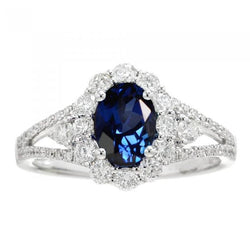 2 Ct Oval Ceylon Sapphire And Natural Earth Mined Diamond Wedding Ring White Gold 14K