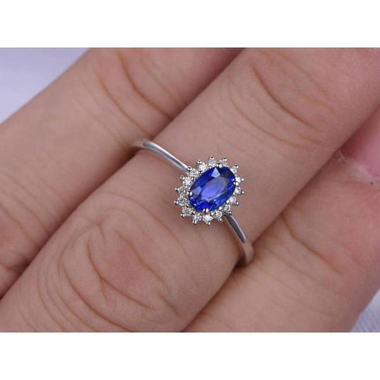 2 Ct Oval Cut Ceylon Sapphire And Diamond Ring White Gold 14K - Gemstone Ring-harrychadent.ca