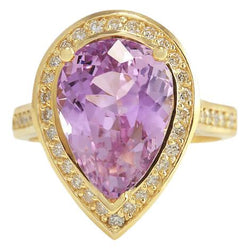 20.75 Ct Pink Pear Cut Kunzite Natural Earth Mined Diamond Wedding Ring 14K Yellow Gold
