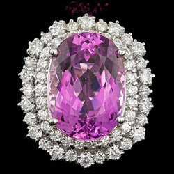 21 Carats Pink Kunzite & Natural Earth Mined Diamond Ring White Gold 14K Jewelry