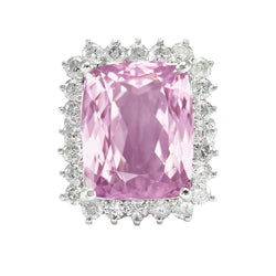 21 Carats Pink Kunzite With Diamond Halo Ring White Gold 14K