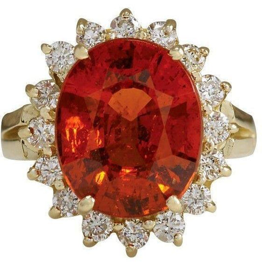 22.50 Carats Mandarin Garnet With Diamonds Ring Yellow Gold 14K New - Gemstone Ring-harrychadent.ca