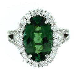 23 Ct Green Tourmaline And Natural Earth Mined Diamond Ring 14K White Gold