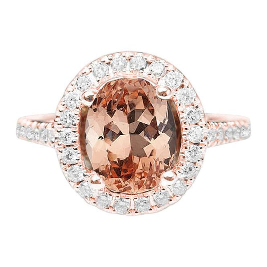 26.50 Ct Oval Morganite And Diamonds Ring Rose Gold 14K - Gemstone Ring-harrychadent.ca