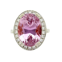26 Carats Pink Kunzite Halo Natural Earth Mined Diamonds Ring Prong Set White Gold 14K