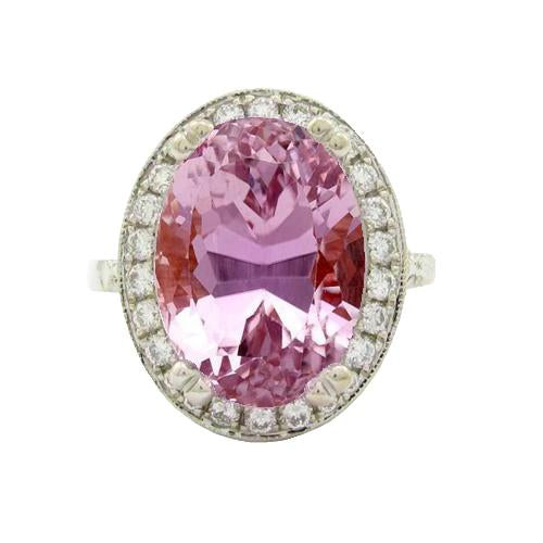 26 Carats Pink Kunzite Halo Diamonds Ring Prong Set White Gold 14K - Gemstone Ring-harrychadent.ca