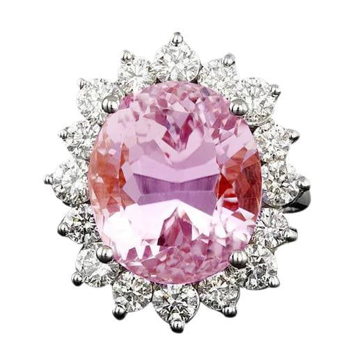 27 Ct Pink Oval Cut Kunzite And Diamond Ring Solid White Gold 14K - Gemstone Ring-harrychadent.ca