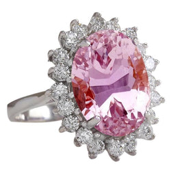 29.25 Carats Oval Kunzite And Round Natural Earth Mined Diamonds Ring 14K White Gold New