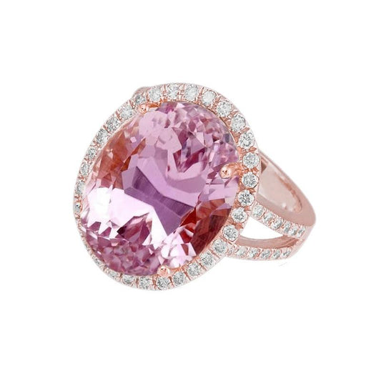 29.75 Carats Pink Kunzite And Diamonds Ring Rose Gold 14K - Gemstone Ring-harrychadent.ca