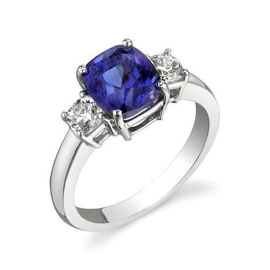 3.25 Carats Three Stone Sapphire And Diamonds Ring White Gold 14K - Gemstone Ring-harrychadent.ca