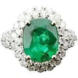 3.25 Ct Oval Green Emerald With Halo Diamond Ring 14K White Gold