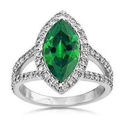 3.35 Carats Green Emerald With Natural Earth Mined Diamonds Ring Prong Set White Gold 14K
