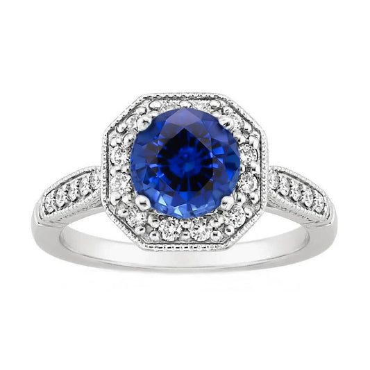 3.35 Carats Sri Lankan Sapphire Halo Diamonds Ring 14K White Gold - Gemstone Ring-harrychadent.ca