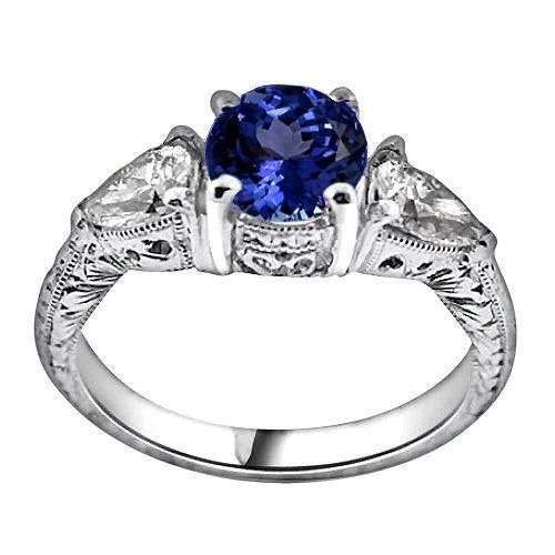 3.50 Carats Ring Round Tanzanite And Trillion Diamonds 3-Stone Jewelry - Gemstone Ring-harrychadent.ca