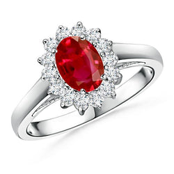 3.50 Carats Ruby With Natural Earth Mined Diamonds Flower Halo Ring White Gold 14K