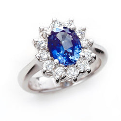 3.60 Carats Blue Sapphire And Diamond Ring Flower Style White Gold 14K